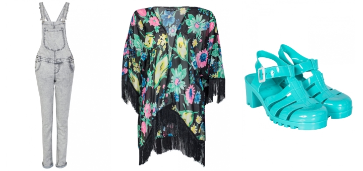 Festival fashion from Select: dungarees (£12); kimono (£16); jelly sandals (£7)