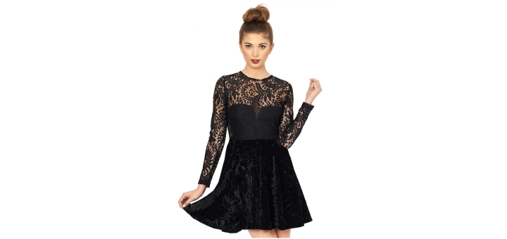 Long Sleeved Lace and Velvet Skater Dress at Oh My Love